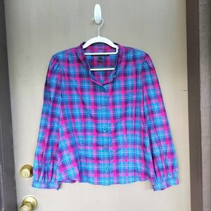 Rare Marc by Marc Jacobs Blue and Pink Plaid Long Sleeve Button Front Blouse Top